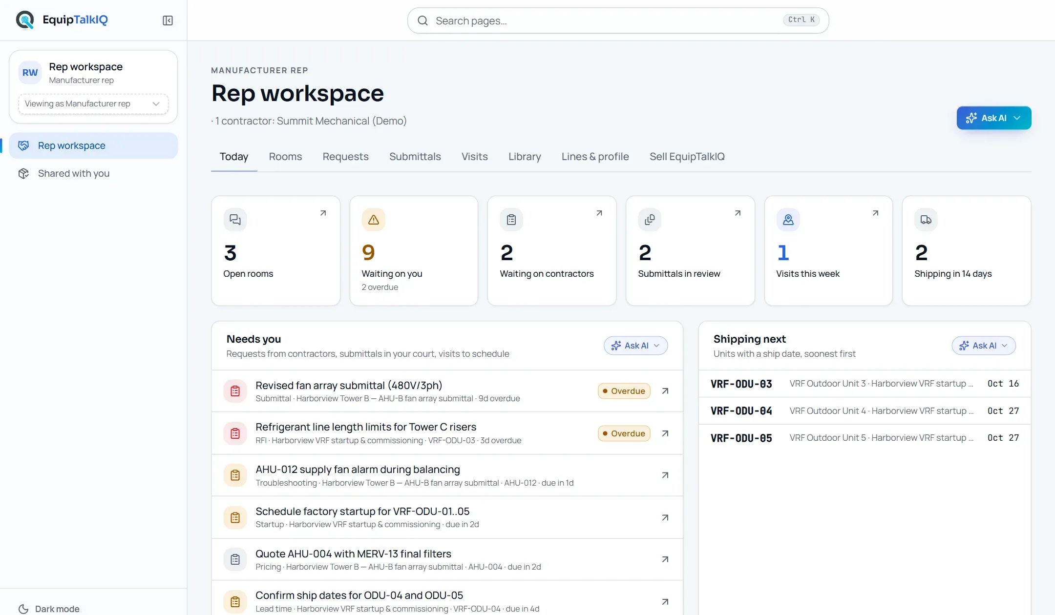 EquipTalkIQ Rep workspace screen with sample records