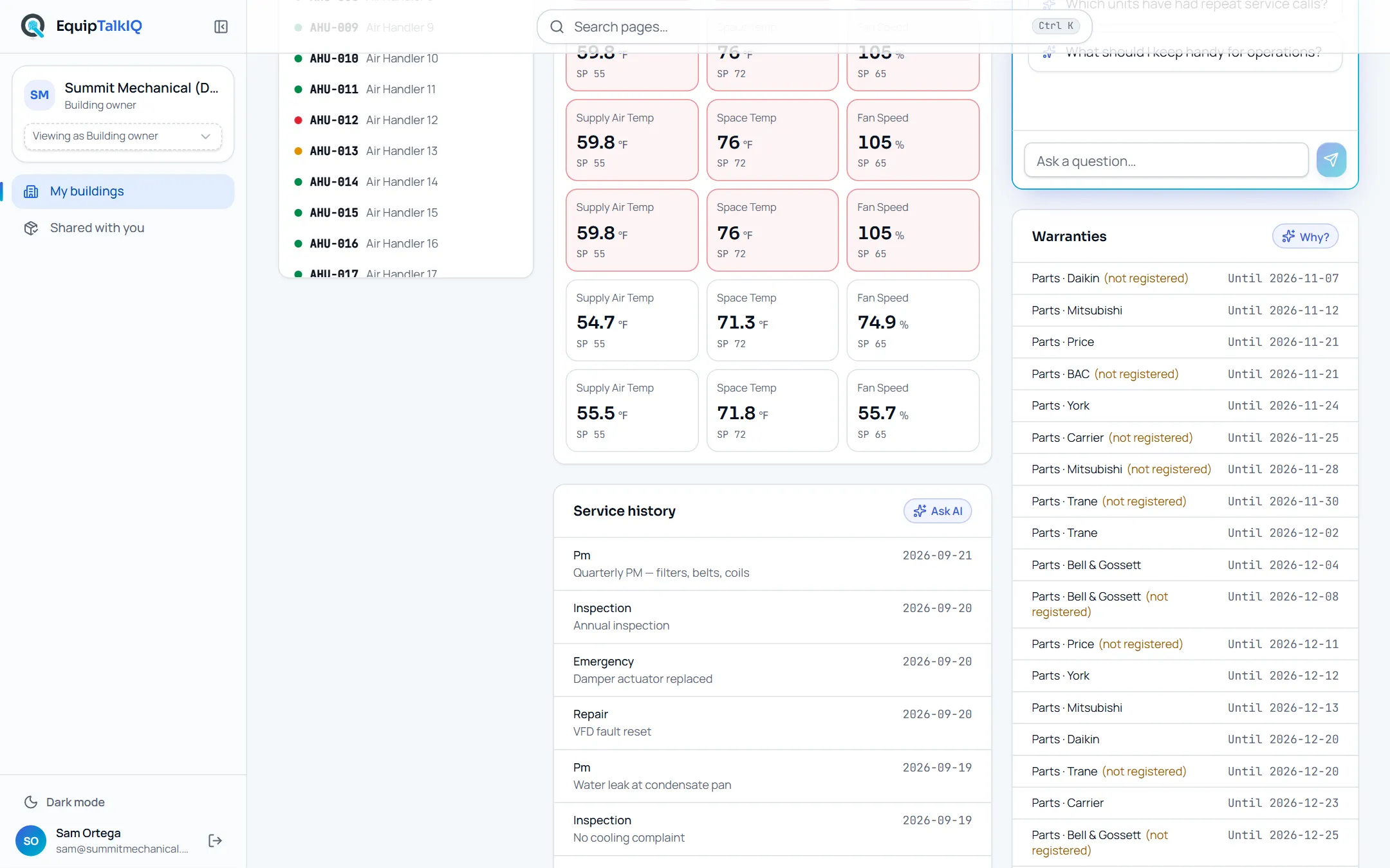 EquipTalkIQ Owner view · service history screen with sample records