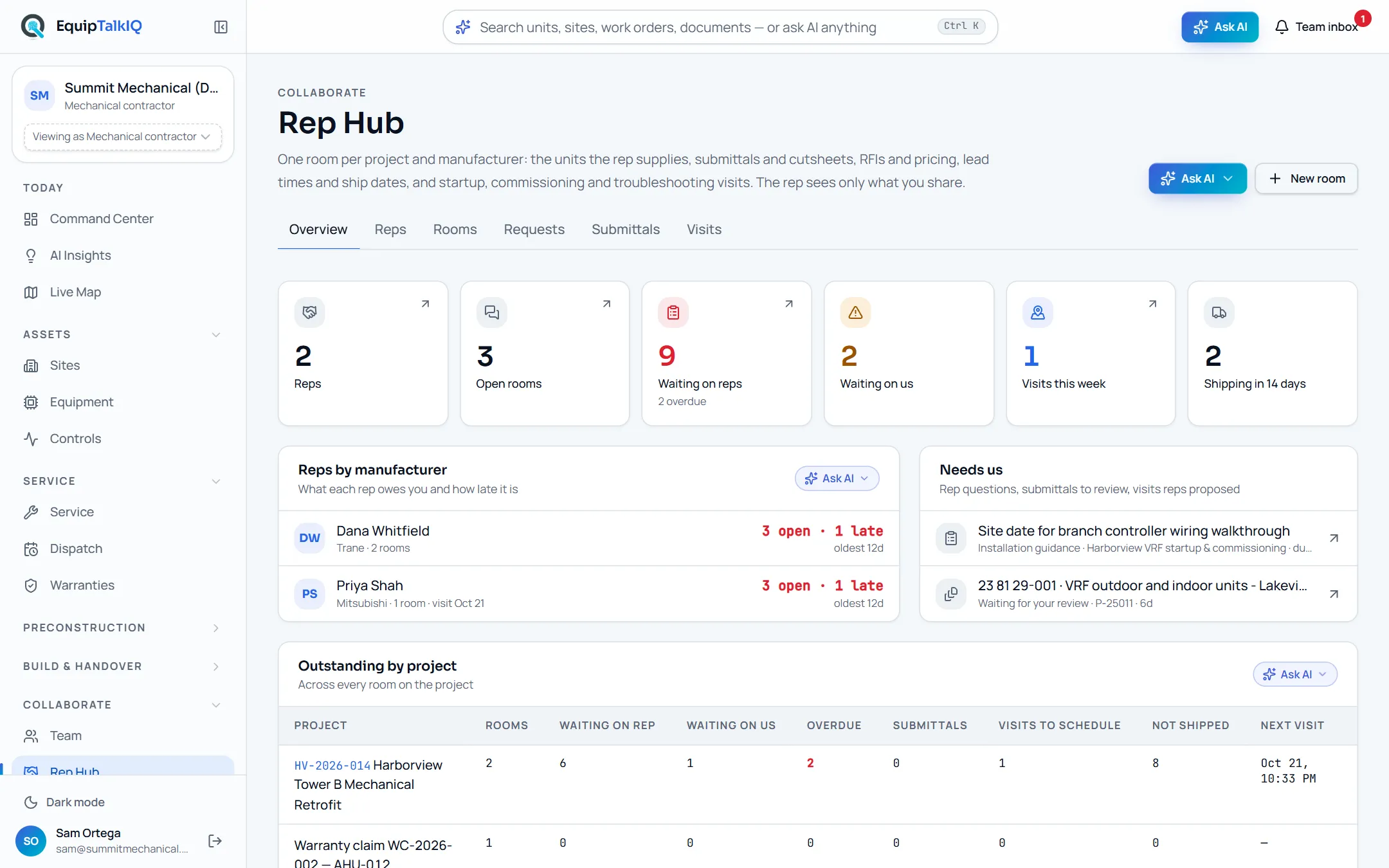 EquipTalkIQ Rep Hub · contractor overview screen with sample records