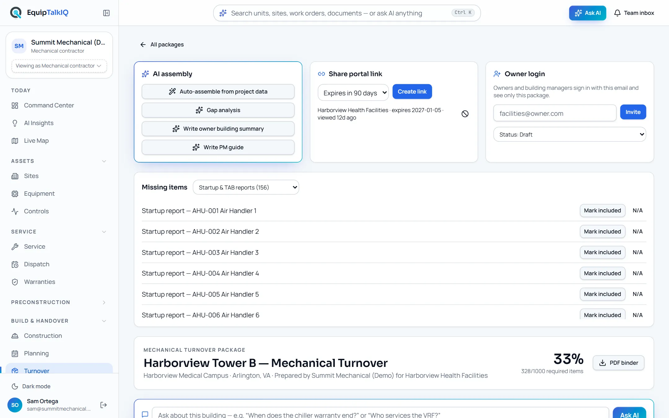 EquipTalkIQ Building turnover package screen with sample records