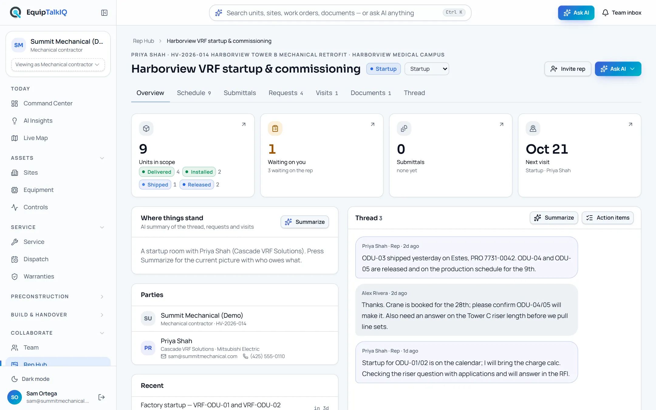 EquipTalkIQ Rep Hub · shared room screen with sample records