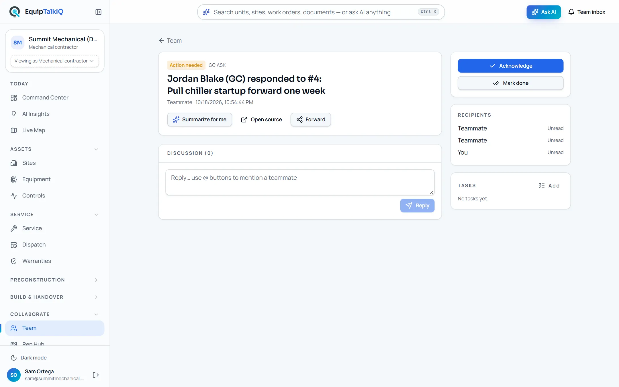 EquipTalkIQ Team inbox item with discussion screen with sample records