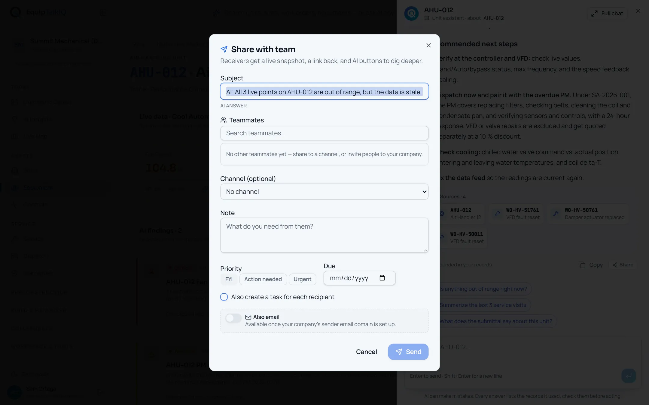 EquipTalkIQ Share an AI answer with the team screen with sample records