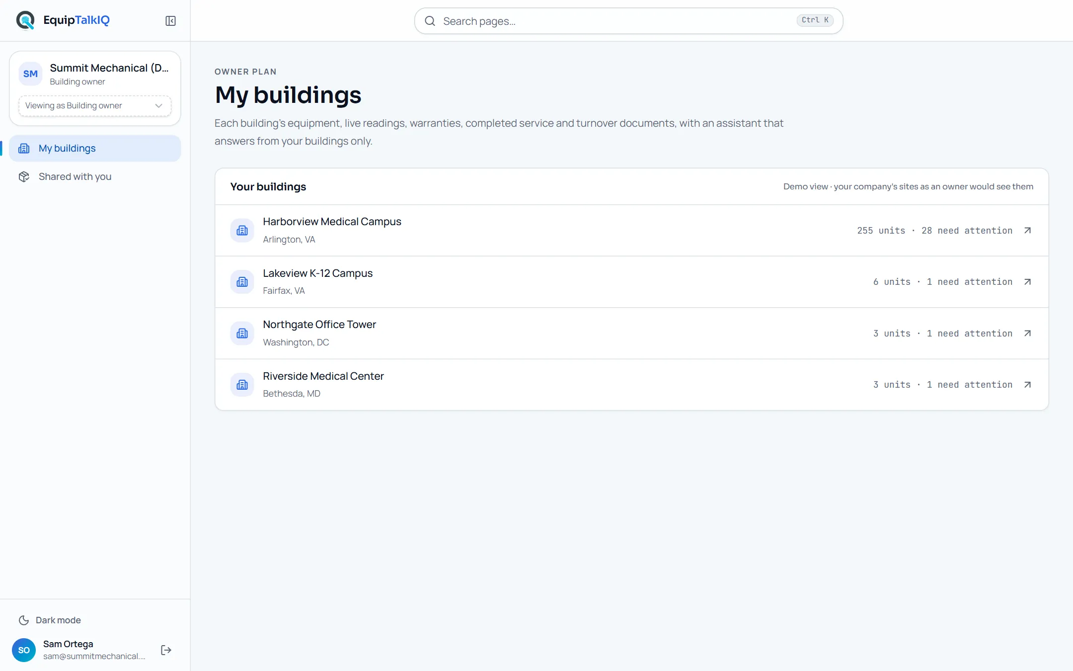EquipTalkIQ Owner portfolio screen with sample records