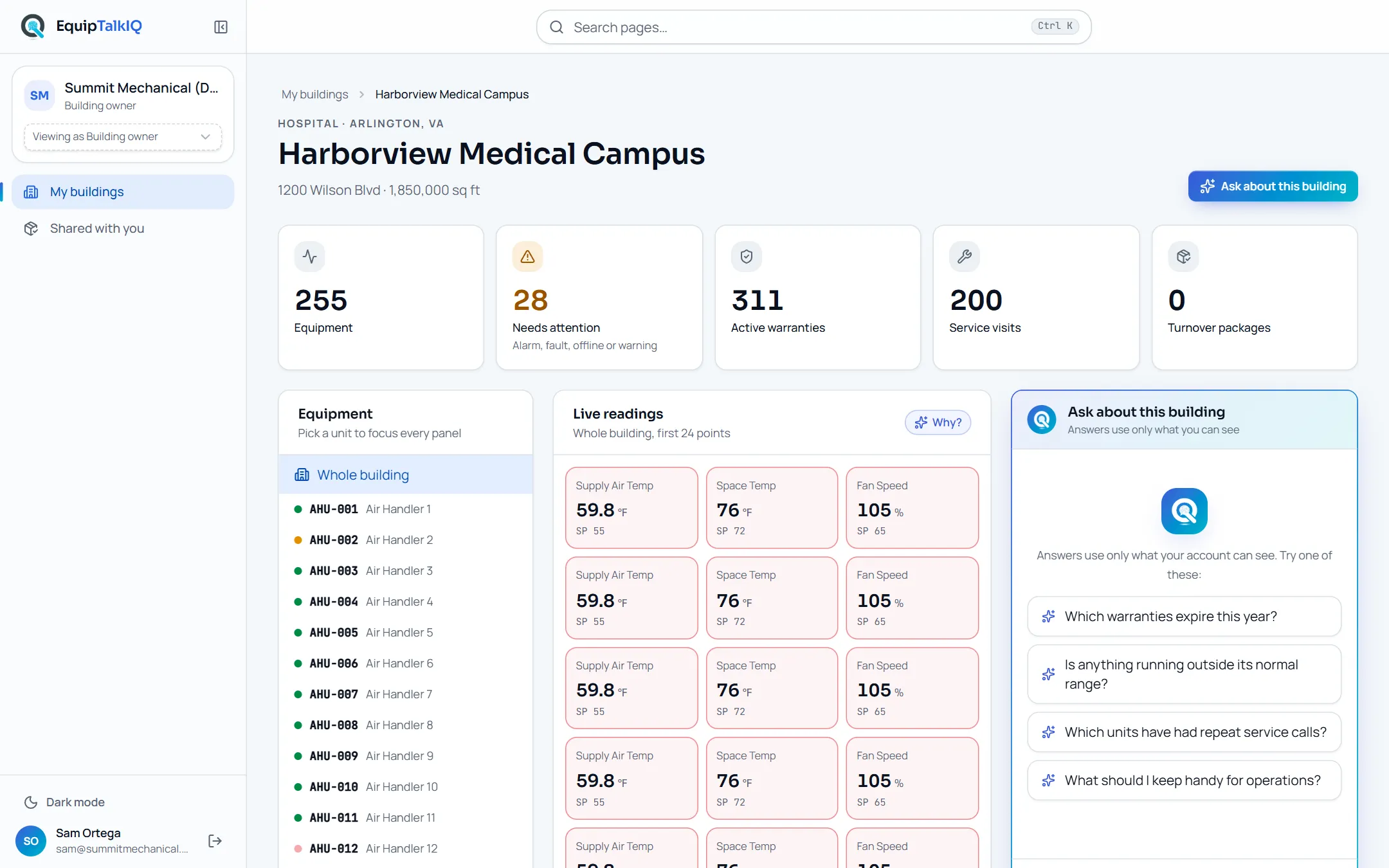 EquipTalkIQ Owner view · readings and warranties screen with sample records