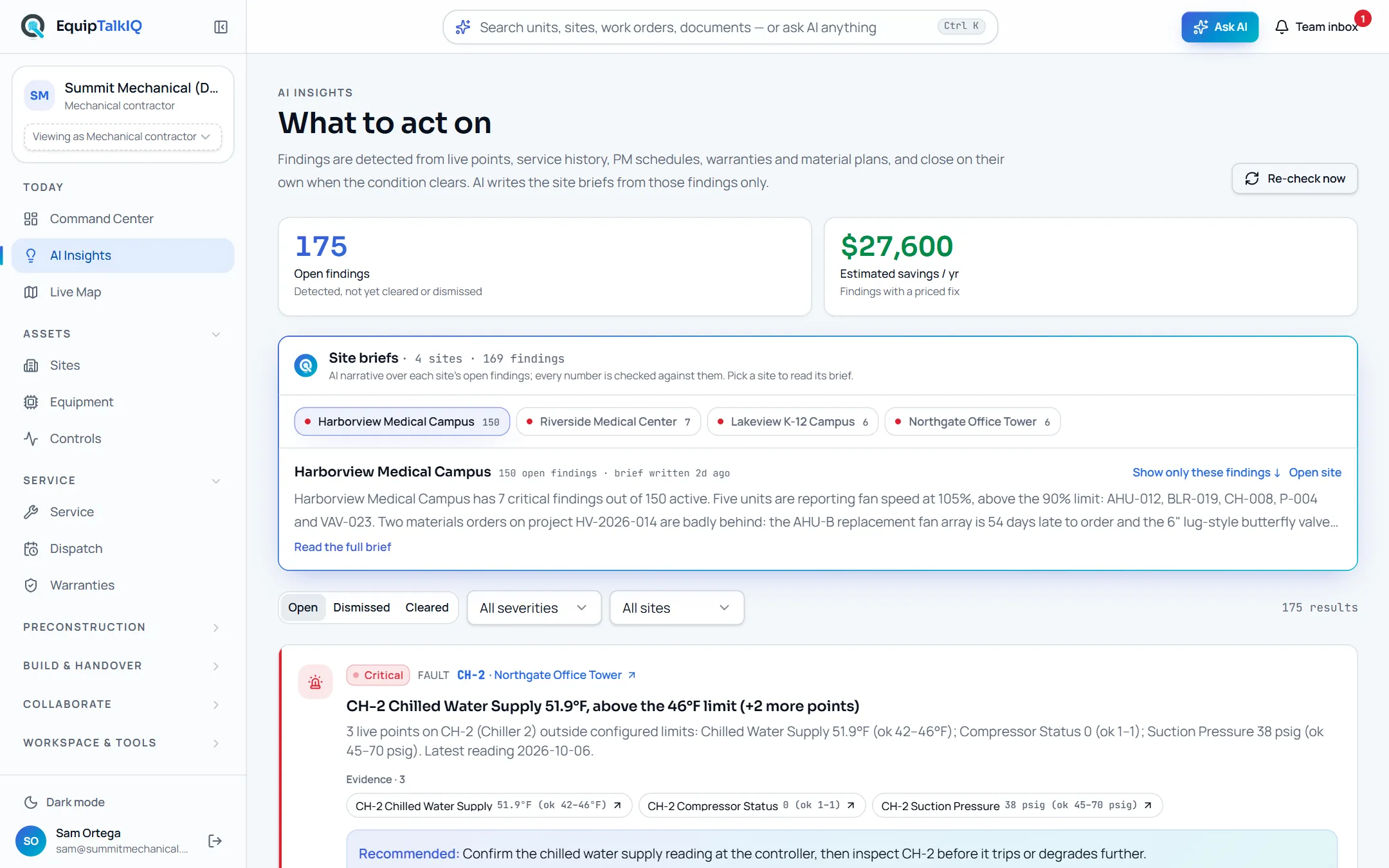EquipTalkIQ AI Insights with evidence screen with sample records